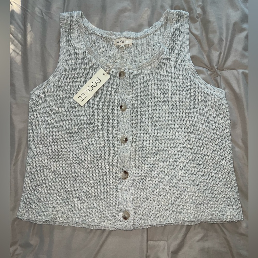 NWT Roolee Button Down Sweater Ribbed Knit Vest Light Gray & Beige XL - Picture 2 of 7